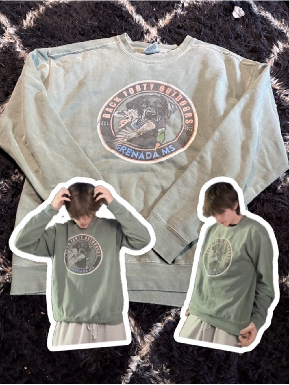 Vintage Back Forty Outdoors Grenada MS Graphic Crewneck Sweatshirt - Sage Green